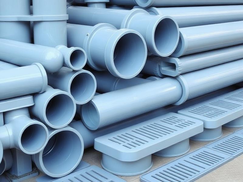 Grey PVC drainage pipes and floor drain gratings — Drainage supplied by Qutbi Trading W.L.L