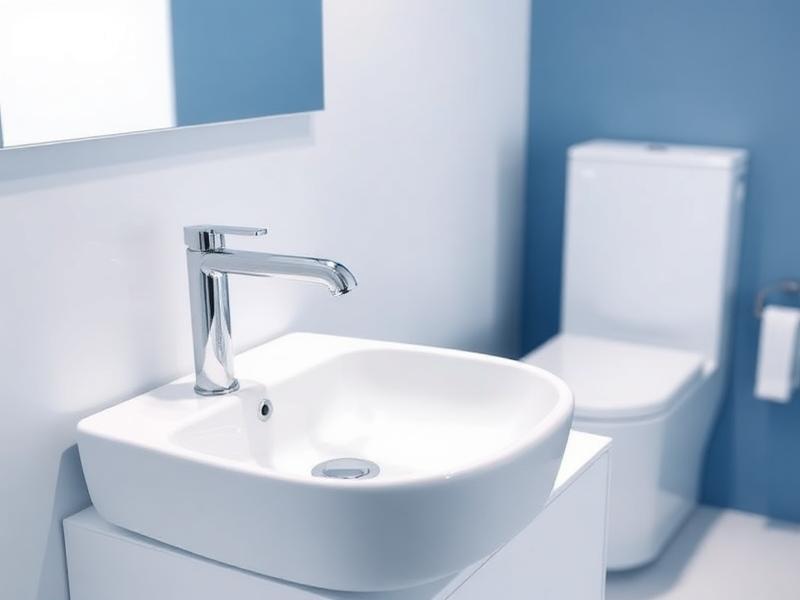 Modern chrome basin faucet with white sanitary ware — Faucets & Sanitary Ware supplied by Qutbi Trading W.L.L