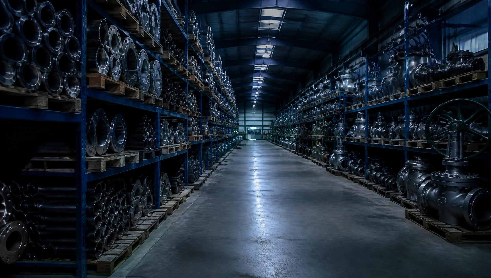 Warehouse aisle stocked with steel pipes, flanges and valves