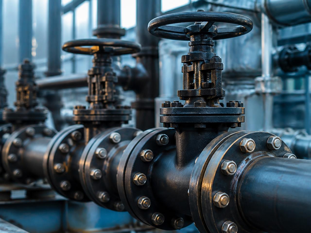 Carbon steel pipes with bolted flanges and industrial valves
